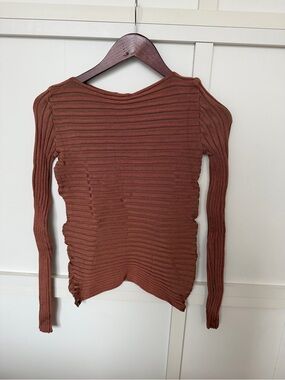 Pepa Pombo Ribbed Long-Sleeve Knit Top in Rust Brown